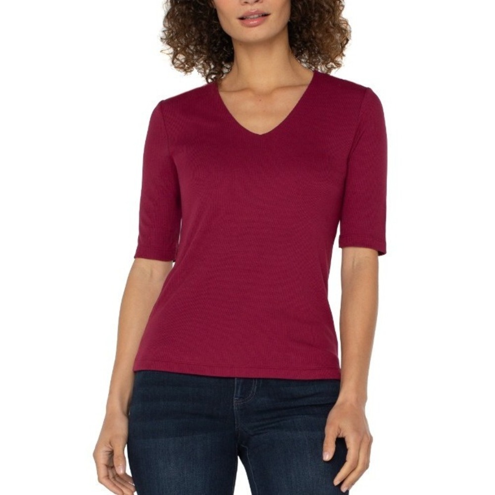 Liverpool Luna V-Neck Half Sleeve Rib Knit Top Red‎ Medium NWT